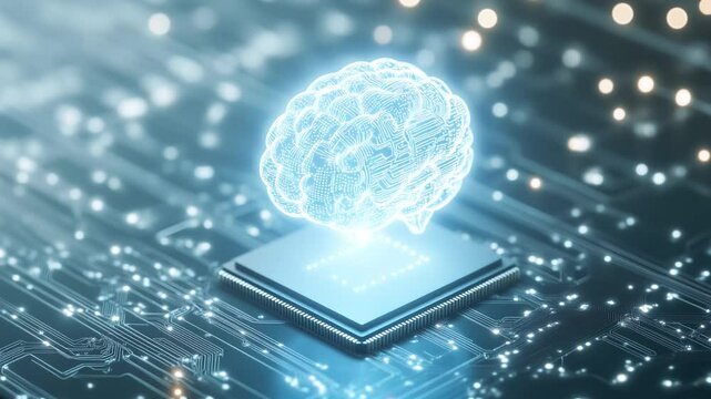 AI Brain on a Chip: A digital brain hologram hovers over a processor chip, symbolizing artificial intelligence, machine learning, and technological advancement. 