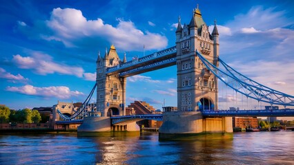 Obraz premium A stunning ultra-realistic image of the Tower Bridge in London, beautifully illuminated under a vibrant blue sky with soft clouds reflecting on the Thames River