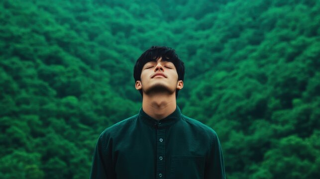 Breathing fresh air, forest bathing, reconnecting with nature to restore physical and mental health, relaxation, and peaceful solitude.