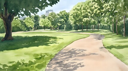 Serene Park Path  Watercolor Landscape Painting