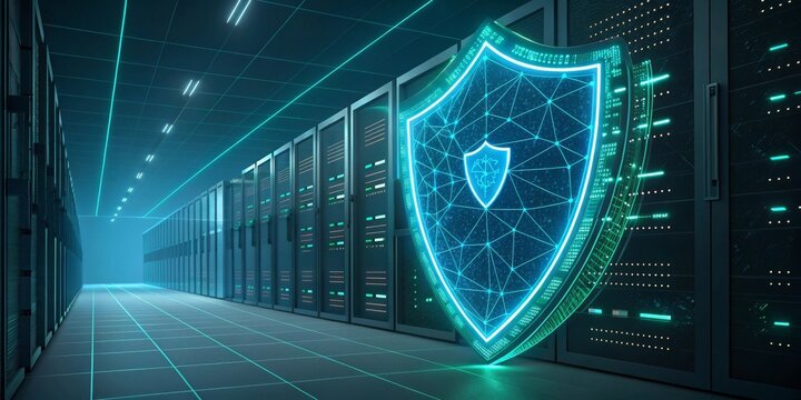Cybersecurity protection shield trust data encryption firewall futuristic digital cityscape nodes connections network integrity resilience risk management threat prevention online safety innovation.