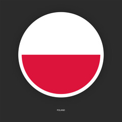 Poland circle flag icon with shadow on dark background. Poland button icon with white border isolated dark grey background	
