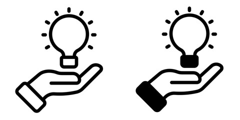 hand with light bulb editable stroke outline icon isolated on white background flat vector illustration, black outline, Pixel perfect