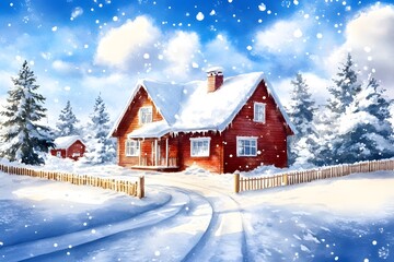 Fototapeta premium Snowy Winter Wonderland Red Cabin Snowfall Christmas