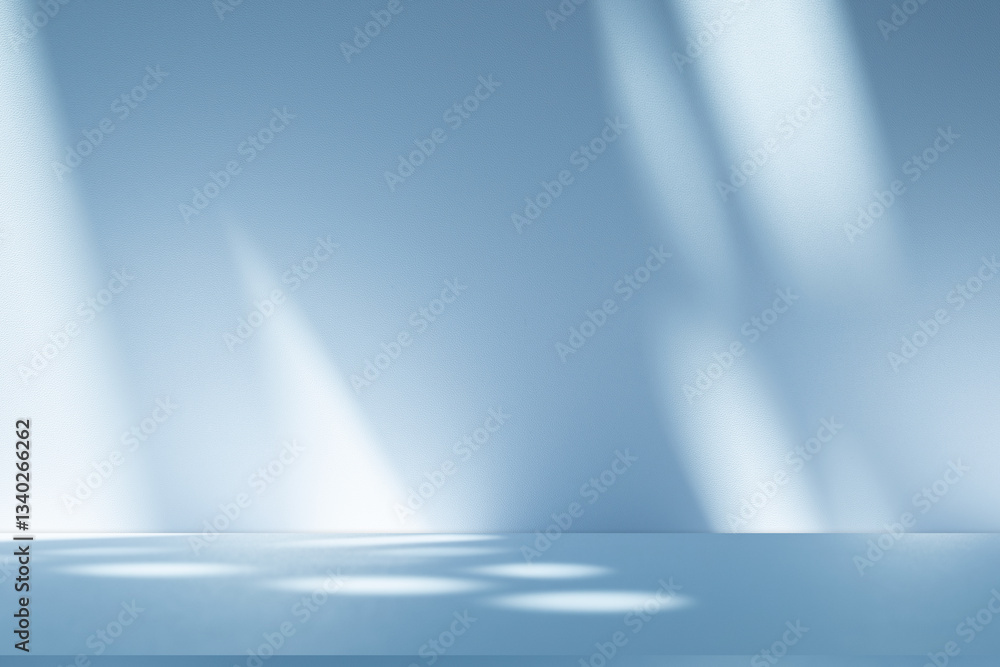 Poster Wall interior background, studio and backdrops show products. with soft light shadow from window color blue and white. background for text insertion and presentation of product