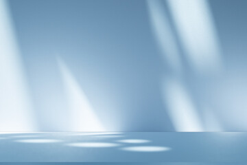 Wall interior background, studio and backdrops show products. with soft light shadow from window color blue and white. background for text insertion and presentation of product