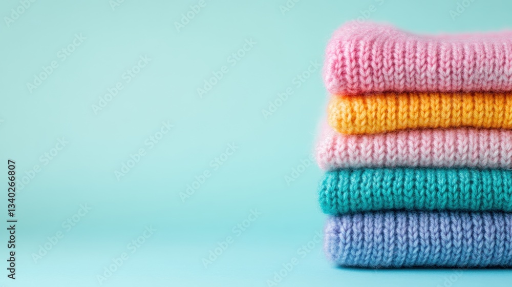 Poster four cozy knitted sweaters in pastel colors are stacked neatly, creating a visually appealing displa