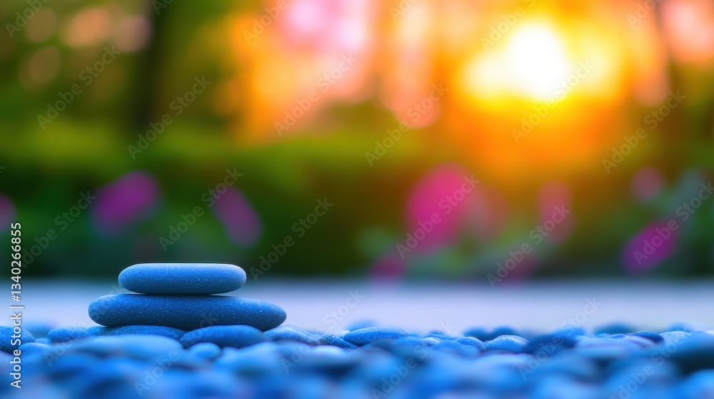 Poster smooth, stacked stones rest on a garden path as the sun sets, creating a serene atmosphere with bloo
