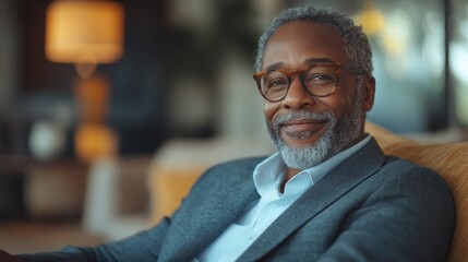 Obraz premium Smiling senior man in glasses sits in a chair, looking at the camera.