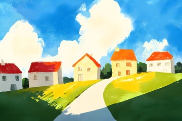 Naklejka premium Idyllic Village Houses Sunny Day Countryside Path
