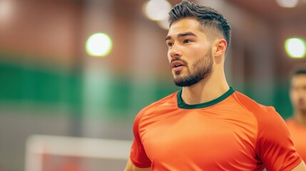 A dedicated young male athlete trains intensely in an orange jersey during an indoor soccer practice with teammates in the background