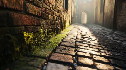 Old cobblestone alley with brick walls and moss in warm sunlight. Historic charm escape