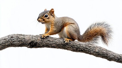 Obraz premium A squirrel perched on a tree branch, looking around.