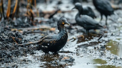 Fototapeta premium A bird wades through muddy water, surrounded by others, highlighting the impact of pollution on wildlife and their habitats.