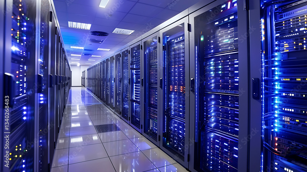 Poster a long aisle in a server room filled with rows of illuminated server racks, suggesting data storage,