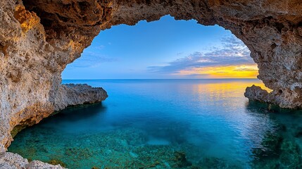 Fototapeta premium Serene Sunrise Seascape Viewed Through Coastal Rock Arch