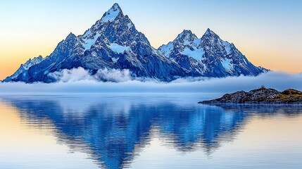 Fototapeta premium Serene Sunrise over Snow Capped Mountains Reflected in Still Water