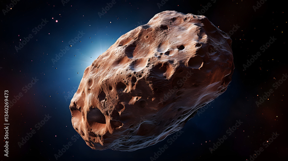 Poster large asteroid in space captured in a striking image with sunlight reflection highlighting the uniqu