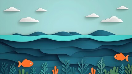 Underwater Scene with Fish and Plants in a Paper Cut Style