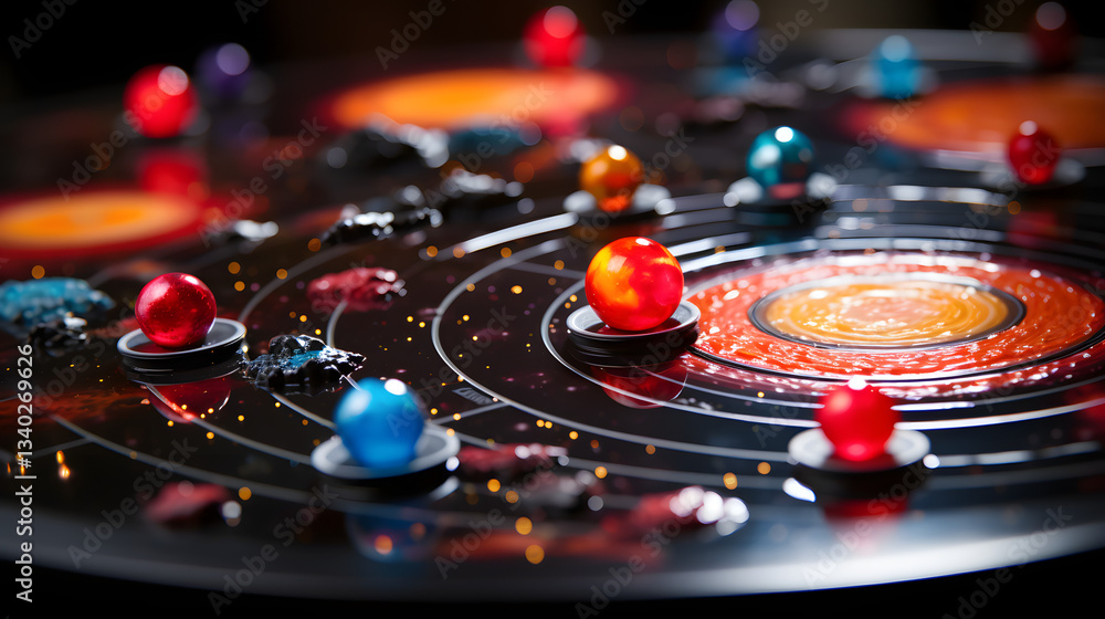 Poster circular object featuring an array of colors demonstrating rotational motion of planets captured in 