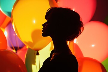 A high-fashion-inspired concept where the woman is silhouetted, and the balloons are in full color, a creative play of light and shadow.