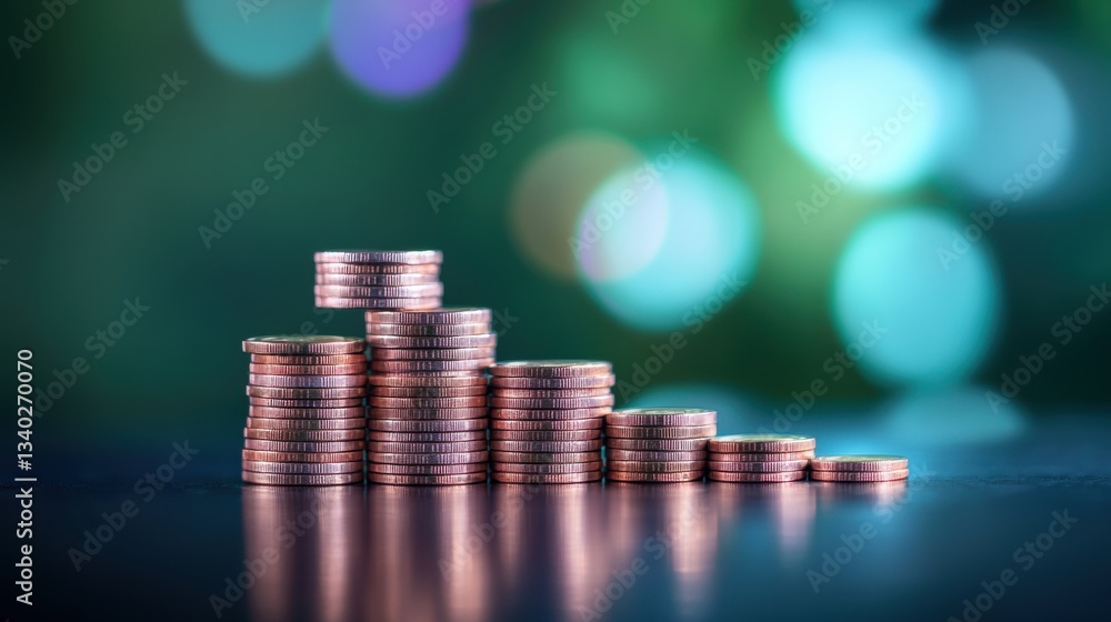 Poster coins are stacked in varying heights on a dark surface, with colorful bokeh lights creating a soft a