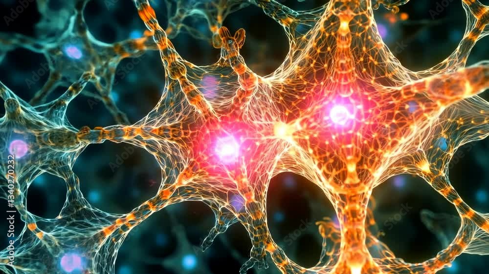 Poster intricate network of neurons illuminated in vibrant colors showcasing synaptic connections