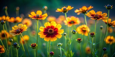 Obraz premium Low Light Coreopsis Lanceolata Wildflowers in Green Field - Stock Photo