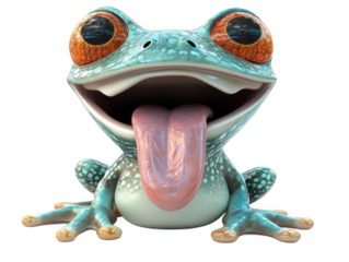 A cartoon frog with big orange eyes and its tongue sticking out on Isolated on white transparent background