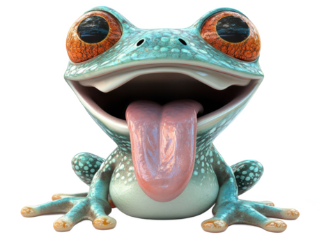 A cartoon frog with big orange eyes and its tongue sticking out on Isolated on white transparent background