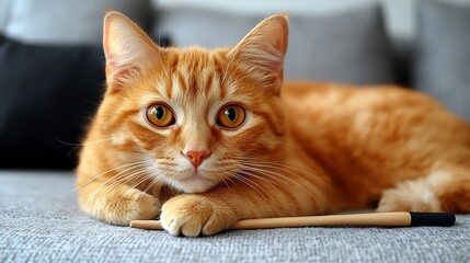 Ginger cat resting on couch with toy.
