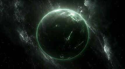 Obraz premium A glowing green planet amidst a dark and star filled space scene