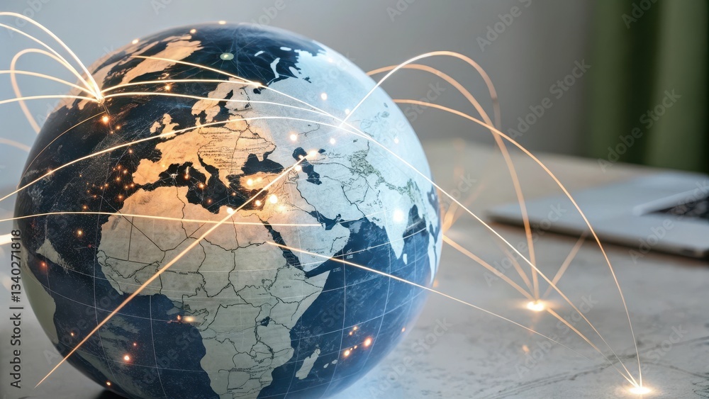 Poster globe with illuminated connections, symbolizing global communication and technology.