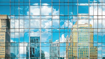 Obraz premium Skyscrapers mirrored in the glass windows of a modern building.