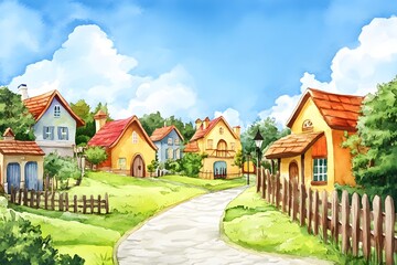 Charming Watercolor Village Street Scene