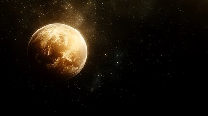 A golden planet glows in the dark depths of outer space