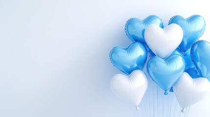 Glowing blue and white heart-shaped balloons in a 3D composition, arranged elegantly over a clean white space. Soft lighting and high-quality shading for a realistic effect 