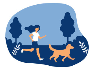 Woman jogging with dog in the park. Flat vector illustration.