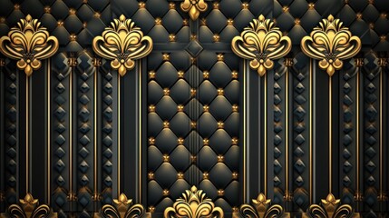 Ornate black and gold wall paneling with embossed floral designs.