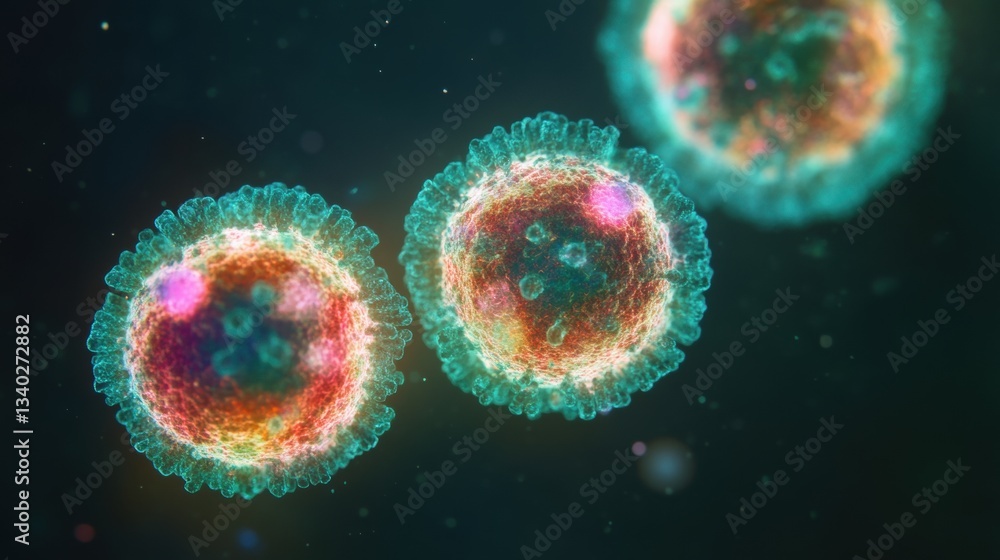 Poster colorful microscopic cells with intricate details, highlighting their structures and activity in a l