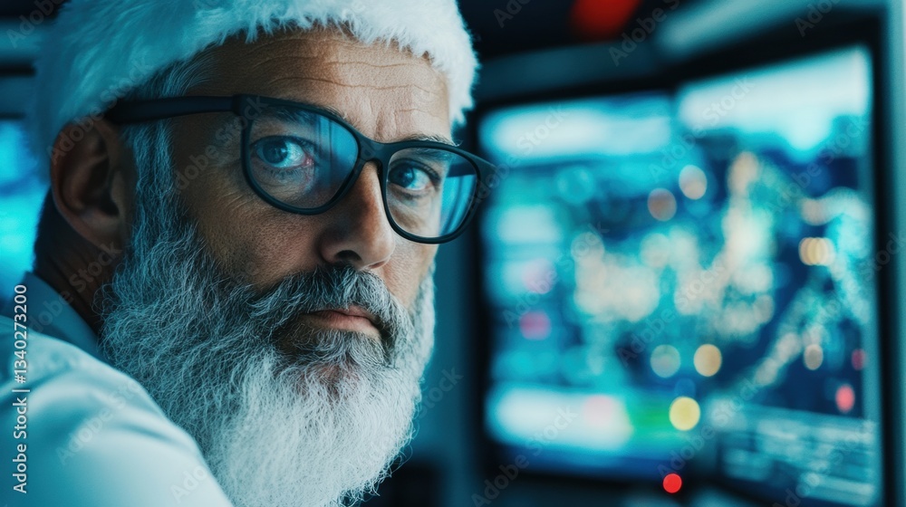 Aufkleber a man with a beard and glasses is wearing a santa hat while focused on several computer screens disp