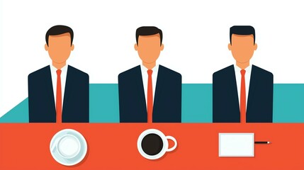 Obraz premium Business presentation relevance concept. Three faceless businessmen at a meeting table with coffee and plates.