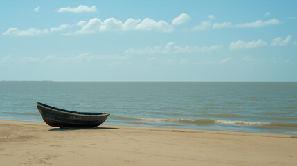 Naklejka premium Small Wooden Boat Resting on a Sandy Beach.