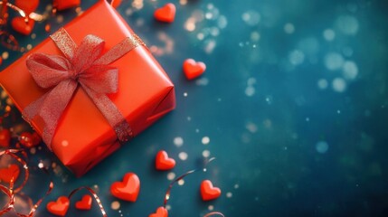Obraz premium A vibrant red gift box with an elegant ribbon sits amid scattered heart-shaped decorations, creating a romantic and festive atmosphere