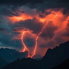 dramatic storm over jagged mountains, with fiery red lightning bolts tearing through dark swirling clouds