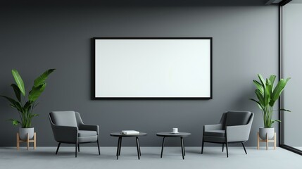Business presentation relevance concept. Modern seating area with a large blank screen and potted plants.