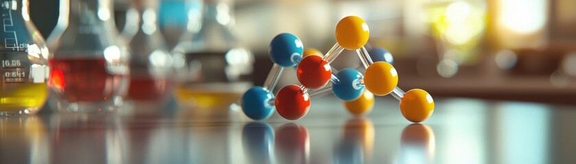 Naklejka premium A colorful molecular model sits on a table, surrounded by laboratory glassware filled with liquids, showcasing a scientific environment.