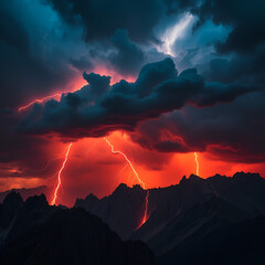 dramatic storm over jagged mountains, with fiery red lightning bolts tearing through dark swirling clouds