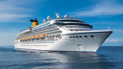 Naklejka premium A grand white luxury cruise ship sailing across the open sea under a clear blue sky