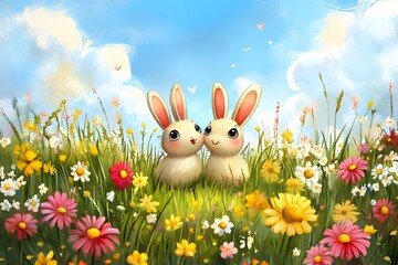 Fototapeta premium Cute Rabbits in Spring Meadow Wildflowers Sunny Day
